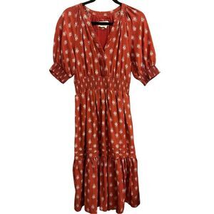 Anthropologie Boho Rust Red Smocked Waist Midi Dress sz S Petite – Geometric Blo